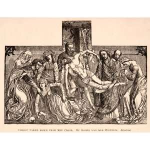 1887 Wood Engraving Christ Cross Mary Madonna Roger Weyden Crucifixion 