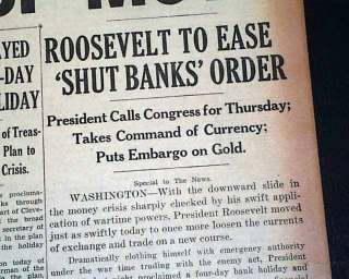 BANK HOLIDAY Franklin D. Roosevelt Signs 1933 Newspaper  