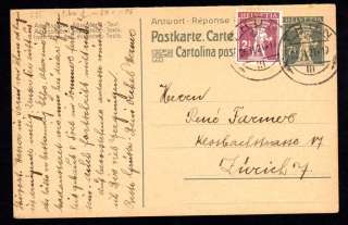 Switzerland Thun to Zurich 1921 Uprated Postal Card. Make multiple 