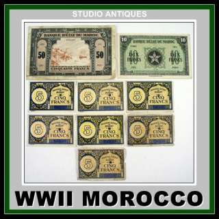 MOROCCO WW2 CURRENCY LOT 5 10 50 Francs 1943 World War 2 BANKNOTES 