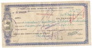 Judaica Palestine Old BigDecorated Check Barclays Bank  