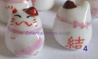 20 Japanese Porcelain Lucky Cat Beads Maneki Neko  