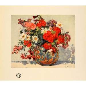  1921 Print Summer Flowers Watercolor Painting Vase Red 