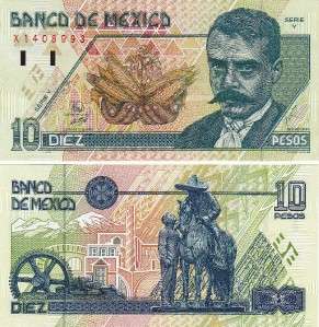 Mexico $ 10 Pesos Emiliano Zapata May 10, 1996 UNC.  