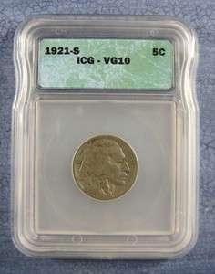 1921 S Buffalo Nickel, ICG Professionally Graded VG 10 (c 1404)  