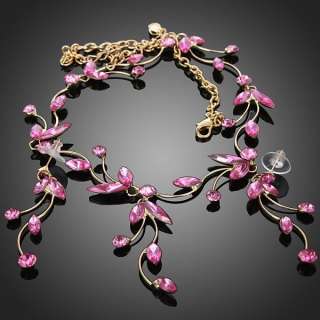   Rhinestone Branch Leaf Necklace Earring Jewelry Set 18k Gold GP  
