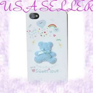  Cute Lovely 3D Blue Plush Bear with Silk Bow White Case 