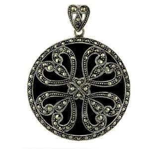  Sterling Silver Marcasite 38X38MM Onyx Round with 4 Marcasite 