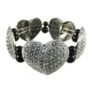 Marcasite Look Hearts Black Bead Stretch Bracelet: Jewelry