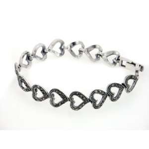    Sterling Silver Open MARCASITE Heart Link Bracelet: Jewelry