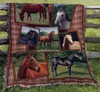 Horsing Around Horse Horses & Plaid Collage Jaquard Woven Cotton 