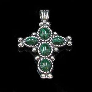 925 Sterling Silver Natural Green Malachite Cross Pendant  