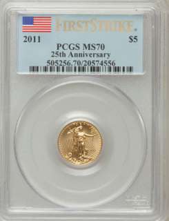 2011 Tenth Ounce $5 Gold Bullion Coin PCGS MS 70 First Strike 25th 