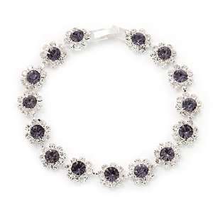 Light Purple/Clear Swarovski Crystal Floral Bracelet In Rhodium Plated 