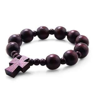  Wooden Bead Bracelet with Cross Pendant Design   Dark Brown   Cross 