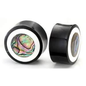 Horn Plug with Abalone Inlay and White Outline Organic Plug 8mm 24mm 