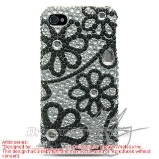 Black Flower Lace Diamond Bling Hard Case Cover fit Apple iPhone 4 4G 