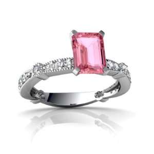 14K White Gold Emerald cut Created Pink Sapphire Engagement Ring Size 
