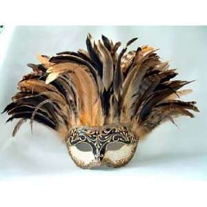   Black/Gold Stucco/Tan Tiger Feathers Carnival Mask