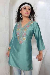 Island Green 3/4 sleeves Kurti / Tunic with designer embroidery  