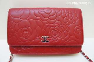   CHANEL ROUGE RED CAMELLIA LEATHER WALLET ON A CHAIN WOC BAG  