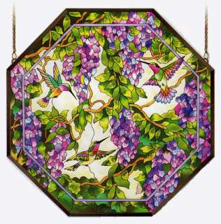 HUMMINGBIRD WISTERIA * 22 OCTAGON STAINED GLASS PANEL  