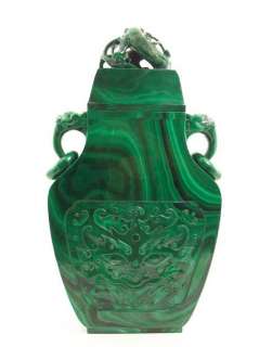 Chinese Carved Malachite Stone Qilin Covered Hu Vase  