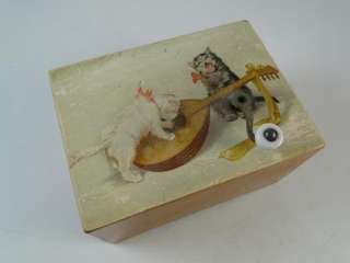 Antique Switzerland Swiss Music Box OVER THERE! Wood Kitten Cat 