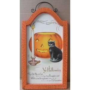 Sign with Orange Frame   Pic of a Jack o Lantern and Black Cat   Says 