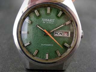 VINTAGE TUGARIS GREEN DIAL DAY DATE 25 JEWELS AUTOMATIC MEN WATCH 