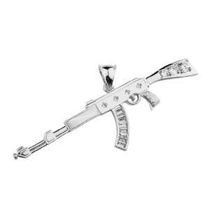   Rhodium Coated CZ AK 47 Rifle Gun Charm Pendant GoldenMine Jewelry