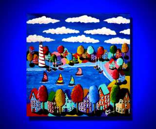   Colorful Houses Lighthouse Whimsical Folk Art renie qae  