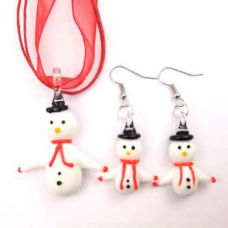 Lampwork Glass Christmas Snowman Necklace earring set  
