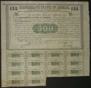 500 Confederate Bond 1861, Green Scroll w/14 coupons  
