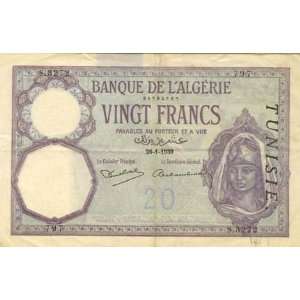  Algerian / Tunisian Bank Note Twenty Francs Issued 1939 