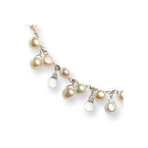   White Cultured Button Pearl/Crystal Necklace   QH1855 16 Jewelry