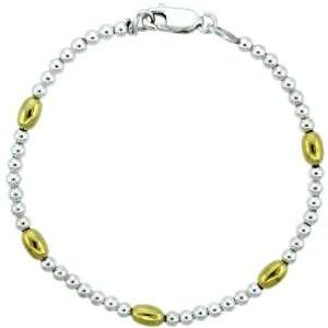 Sterling Silver 7 in. Polished Bead Bracelet w/ Gold Finish (Also 