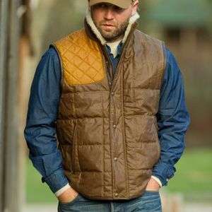 JL Powell Waxed Cotton Canvas Vest with Shearling Collar & Leather 