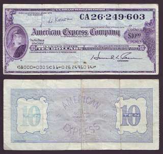 Vintage $10 American Express travelers check / cheque USA US banknote 