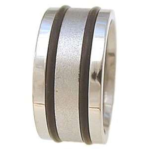  Titanium Ring Flat Two Black Inlay Grooves Soft Edges 