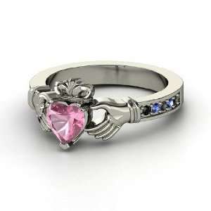  Claddagh Ring, Heart Pink Tourmaline 14K White Gold Ring 