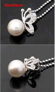 Fashion Alloy Exquisite Pearl Butterfly Stud Earrings + Necklace 