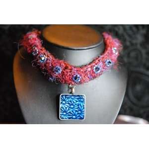  Red Sari Yarn Crochet Choker with Blue Flowers Arts 