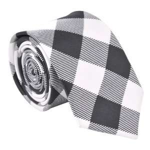 Polyester Narrow Neck Tie Skinny Black White Grid Thin Necktie H080 (2 