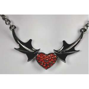 Vampire Bat Wing Red Stone Heart Necklace Gothic Metal