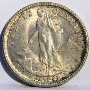 US PHILIPPINES: 1944 D silver 20 Centavos, Denver Mint, lot Ph 98; UNC 