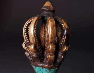 Pronged Bronze & Turquoise Lotus Vajra Dorje Tibet Buddhist lot 