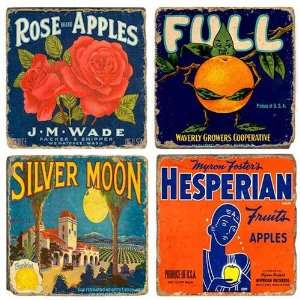 Vintage Fruit Label Coaster Set 4   Rose, Full, Silver Moon, Hesperian 