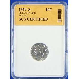  1929 S Mercury Silver Dime SGS Certified Authentic 