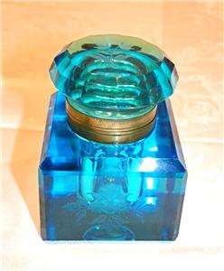 Antique Victorian BLUE URANIUM CUT GLASS Desk Top Inkwell Ink Well 